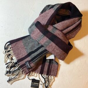 Ił Moro Firenze 100% Wool Magenta Gray Herringbone Striped Fringe Scarf Italy